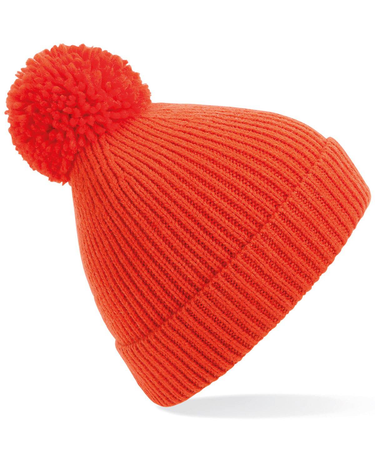 Fire Red - Engineered knit ribbed pom pom beanie