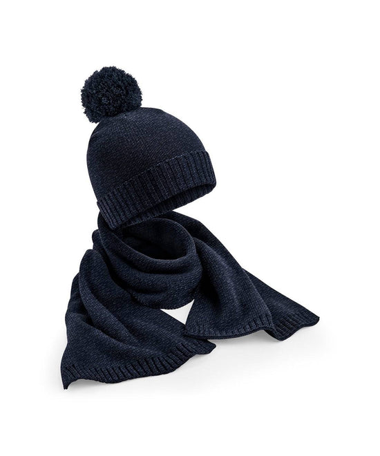 Navy Fleck - Knitted scarf and beanie gift set