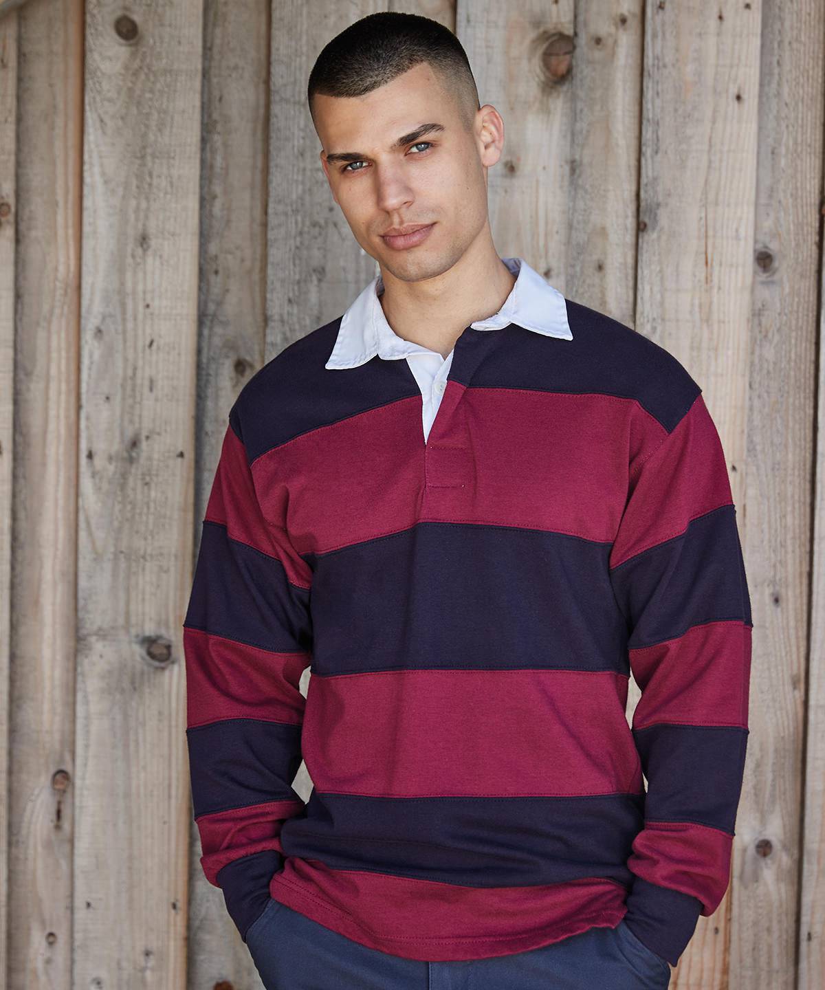 Burgundy/Navy - Sewn stripe long sleeve rugby shirt