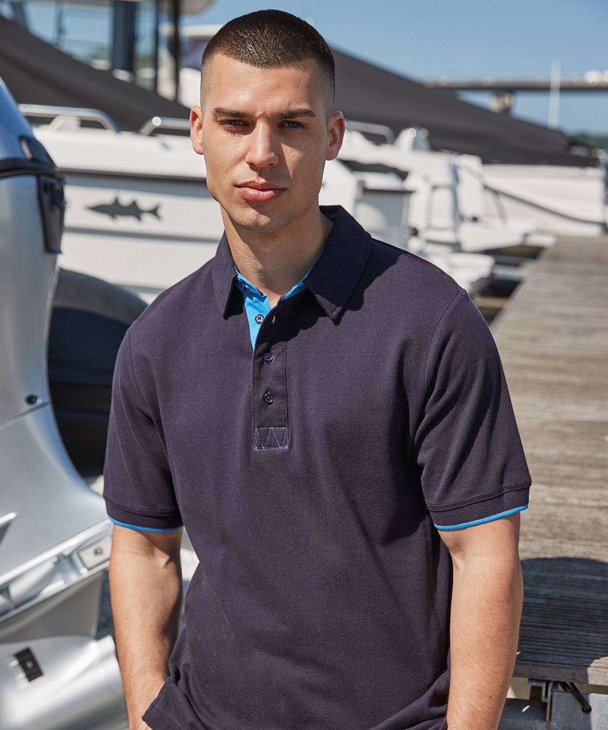 Navy/Marine - Contrast piqué polo shirt