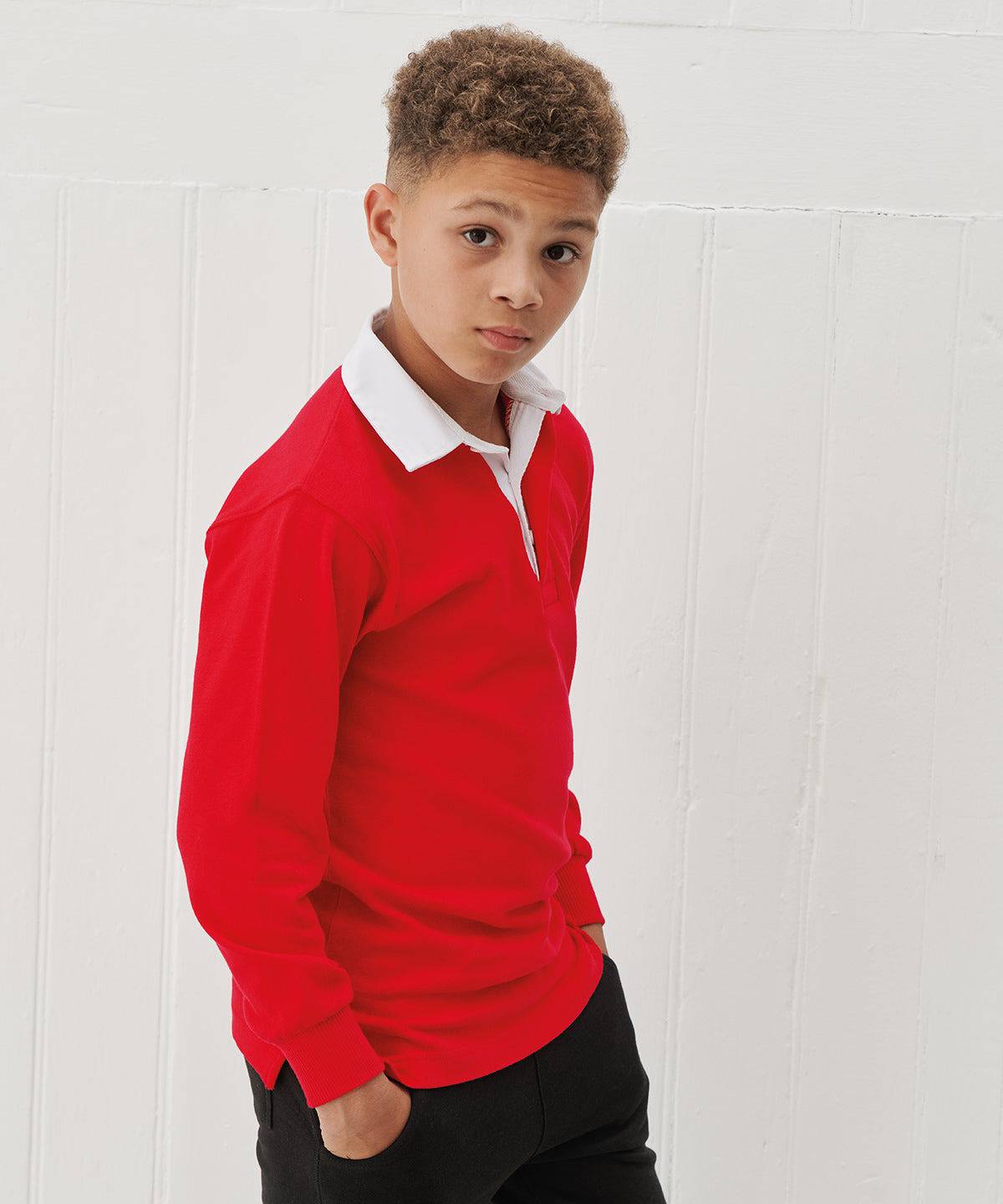 Red - Kids long sleeve plain rugby shirt