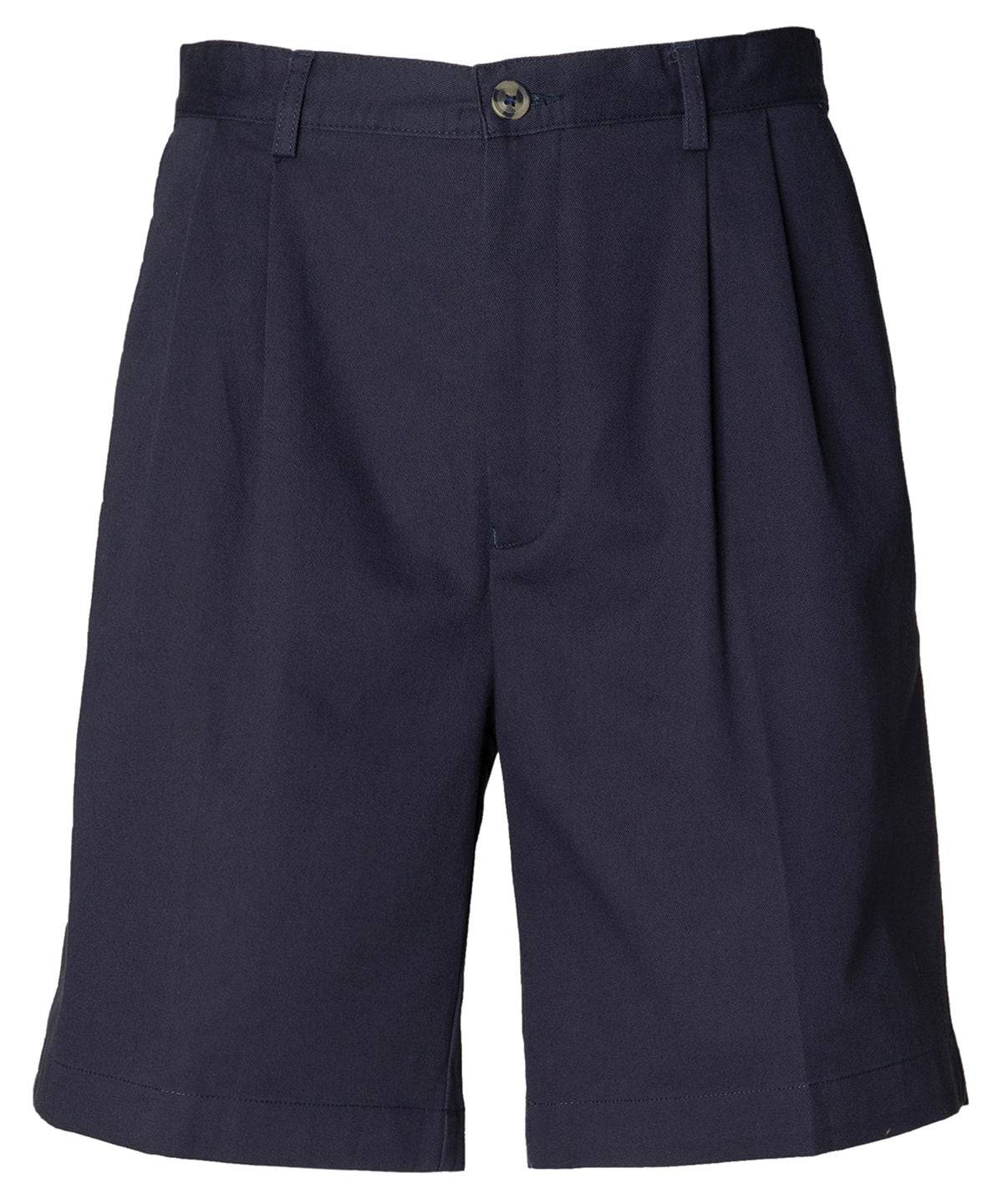 Navy - Teflon®-coated double pleat front chino shorts