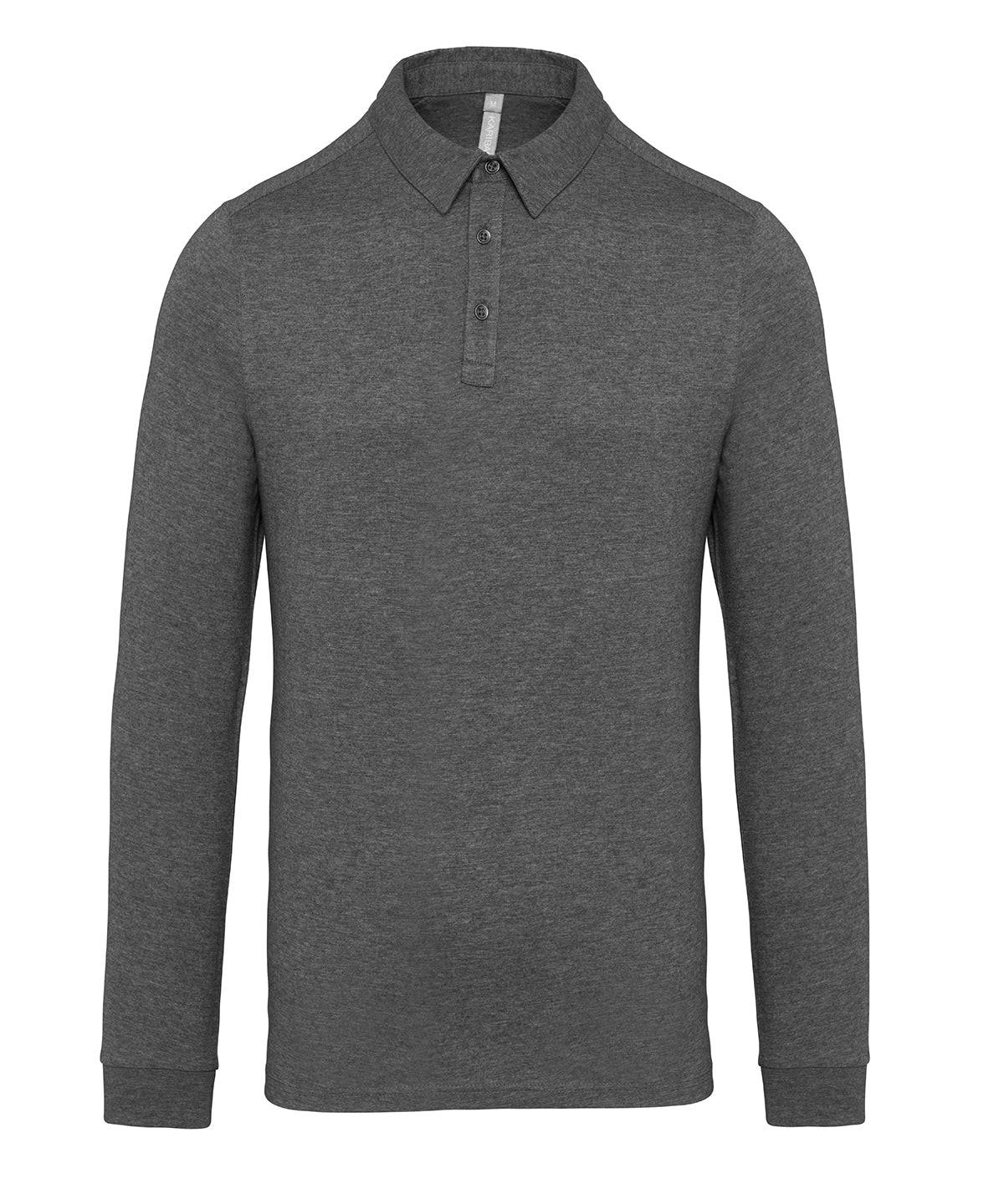 Grey Heather - Jersey knit long sleeve polo shirt