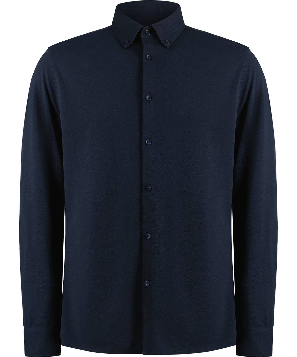 Navy - Long sleeve Superwash® 60° piqué shirt (tailored fit)