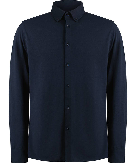 Navy - Long sleeve Superwash® 60° piqué shirt (tailored fit)