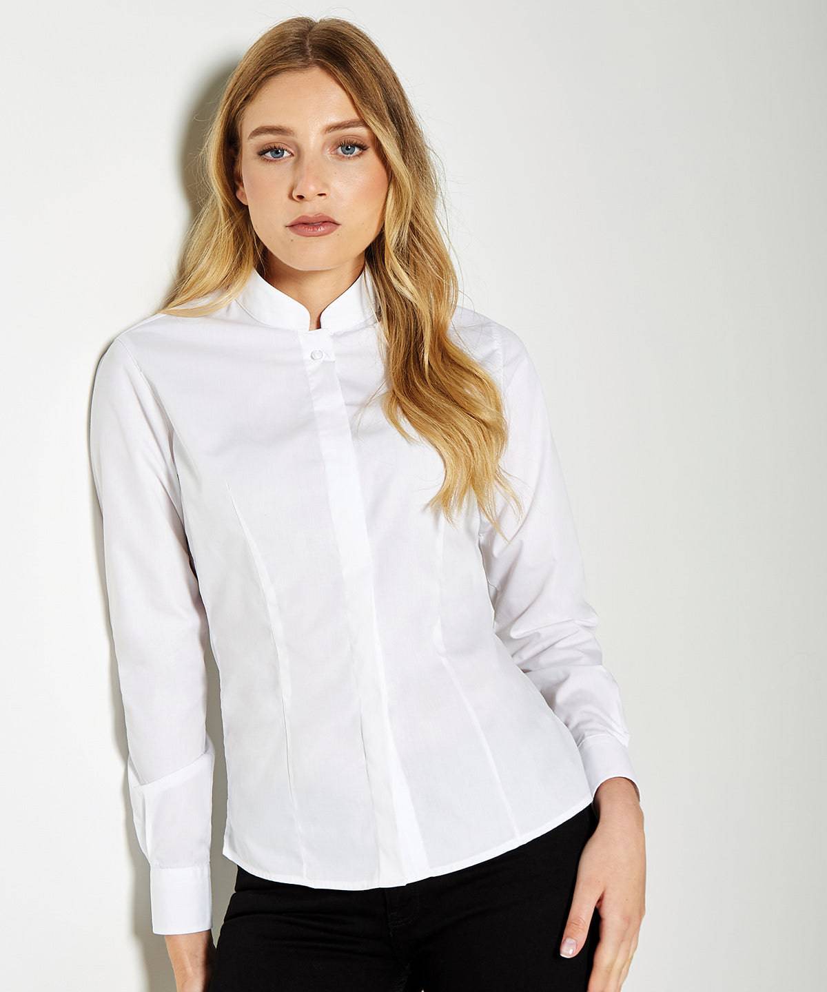 Black - Women's mandarin collar shirt long-sleeved (tailored fit)