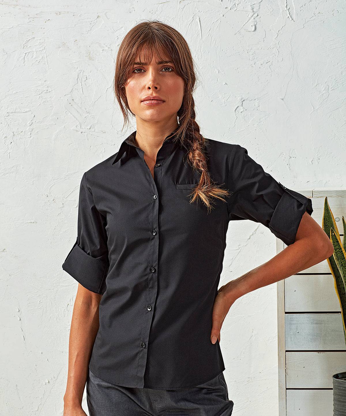 Black - Women's roll sleeve poplin blouse