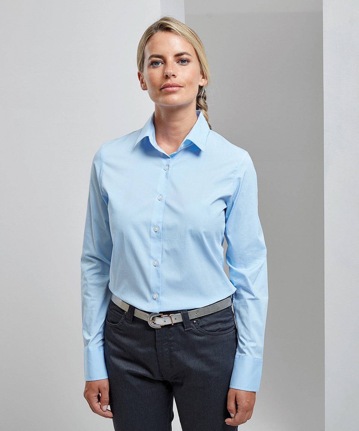 Pale Blue - Women's stretch fit cotton poplin long sleeve blouse